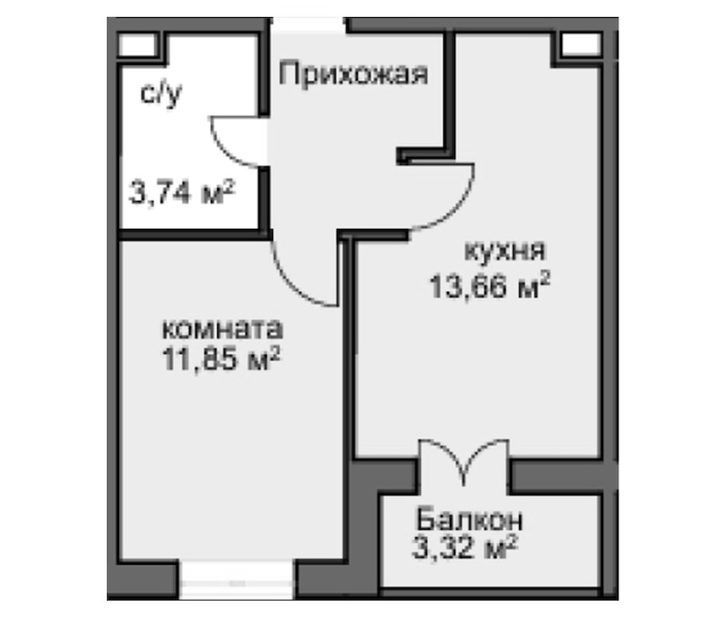 Планировка — Центральный двор, 1-комн., 29 м²