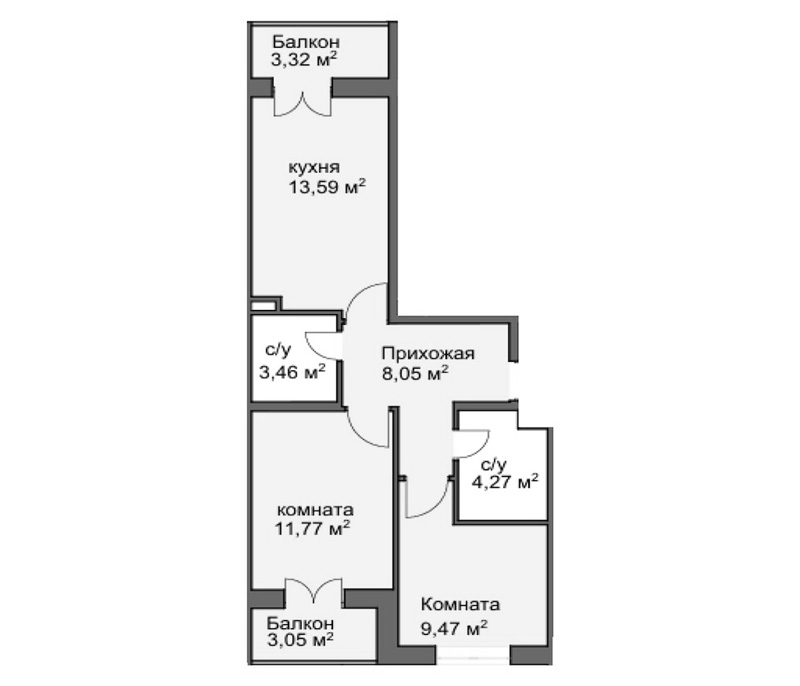 Планировка — Центральный двор, 2-комн., 48 м²