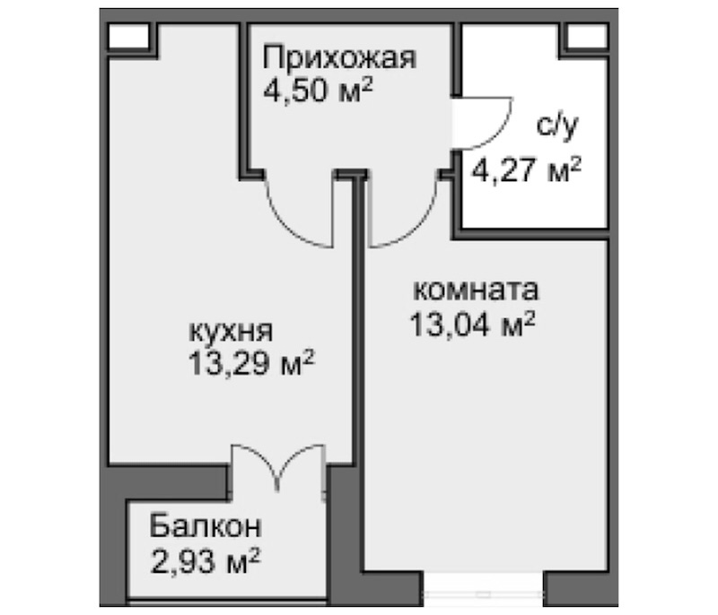 Планировка — Центральный двор, 1-комн., 33 м²
