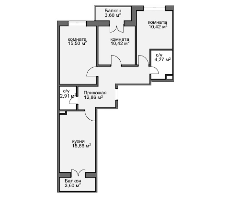 Планировка — Центральный двор, 3-комн., 66 м²