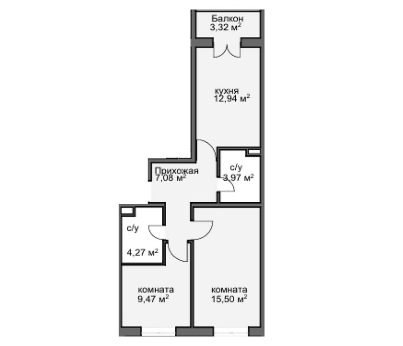 Планировка — Центральный двор, 2-комн., 51 м²