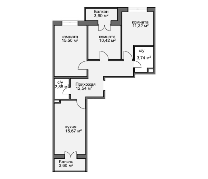 Планировка — Центральный двор, 3-комн., 66 м²