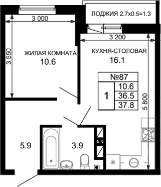 Планировка — 1-к. кв. Дыхание №386