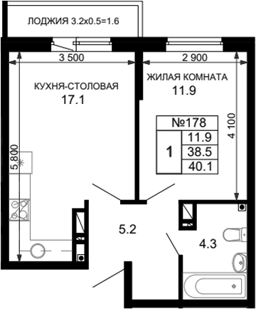 Планировка — Дыхание (АСК), 1-комн., 39 м²