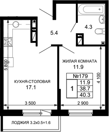 Планировка — Дыхание (АСК), 1-комн., 39 м²