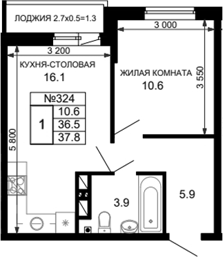 Планировка — Дыхание (АСК), 1-комн., 37 м²