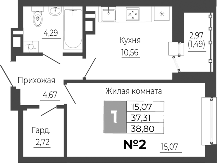 Планировка — Иловайский, 1-комн., 37 м²