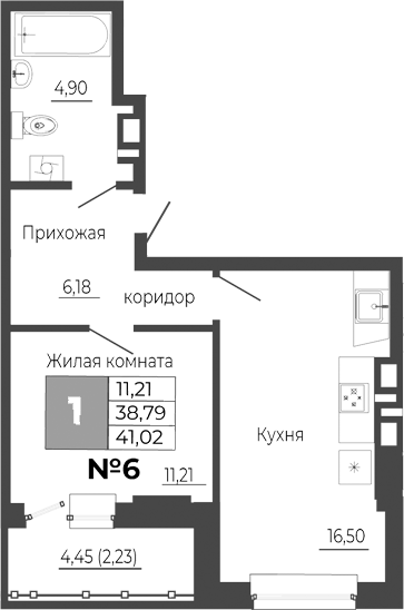 Планировка — Иловайский, 1-комн., 39 м²