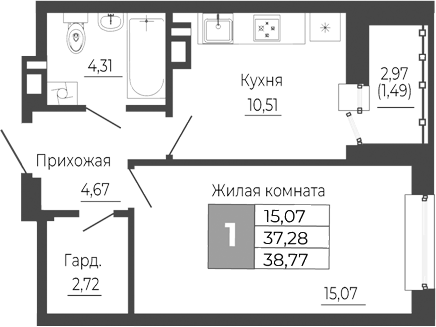 Планировка — Иловайский, 1-комн., 37 м²