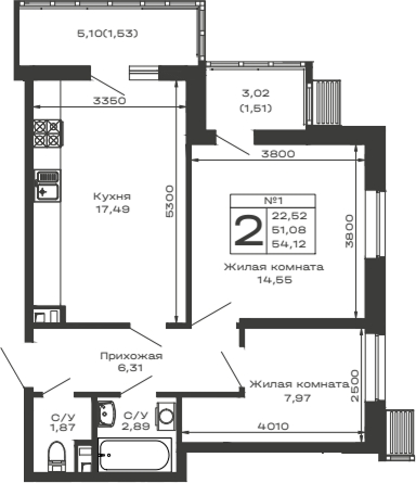 Планировка — Долина, 2-комн., 51 м²