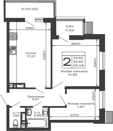 Планировка — Долина, 2-комн., 51 м²