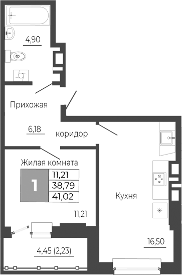 Планировка — Иловайский, 1-комн., 39 м²