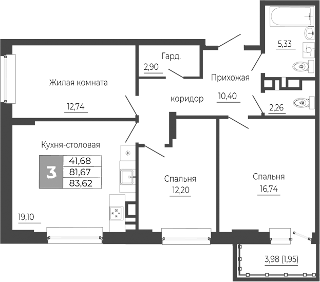 Планировка — Иловайский, 3-комн., 82 м²