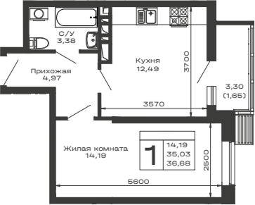 Планировка — Долина, 1-комн., 35 м²