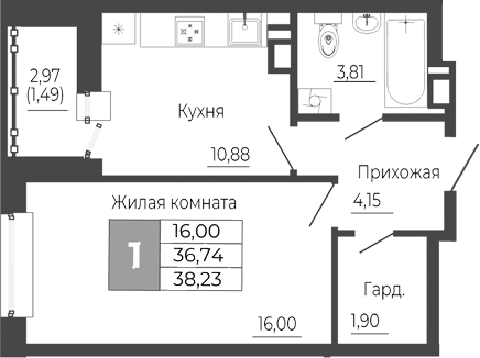 Планировка — Иловайский, 1-комн., 37 м²