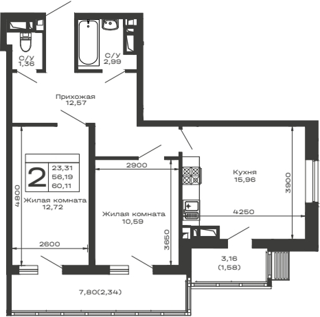 Планировка — Долина, 2-комн., 56 м²