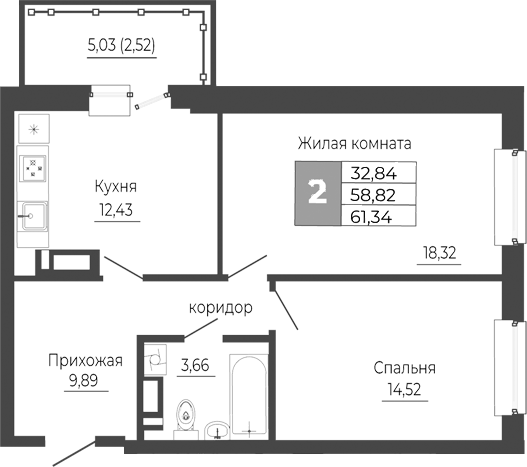 Планировка — Иловайский, 2-комн., 59 м²