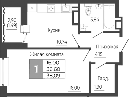 Планировка — Иловайский, 1-комн., 37 м²
