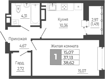 Планировка — Иловайский, 1-комн., 37 м²