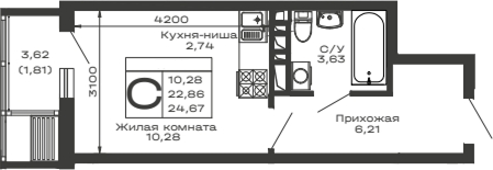 Планировка — Долина, Студия, 23 м²