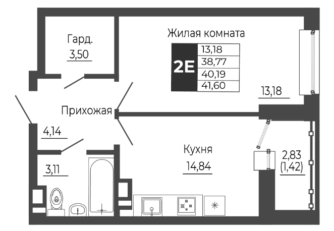 Планировка — Иловайский, 2-комн., 39 м²