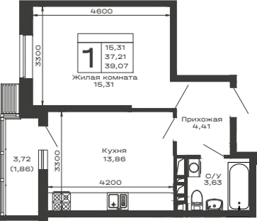 Планировка — Долина, 1-комн., 37 м²