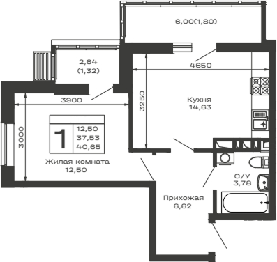 Планировка — Долина, 1-комн., 38 м²