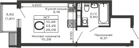 Планировка — Долина, Студия, 23 м²