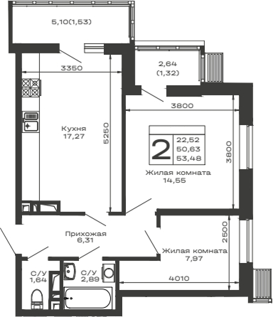 Планировка — Долина, 2-комн., 51 м²