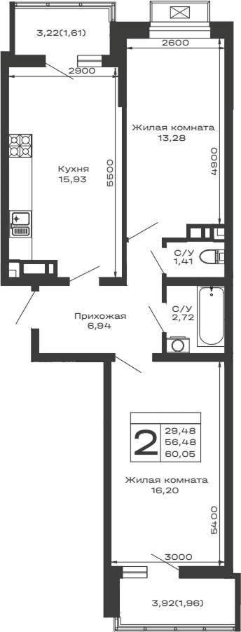 Планировка — Долина, 2-комн., 56 м²