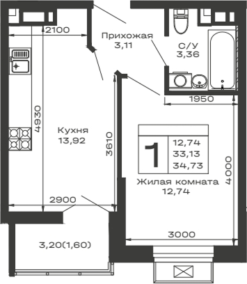 Планировка — Долина, 1-комн., 33 м²