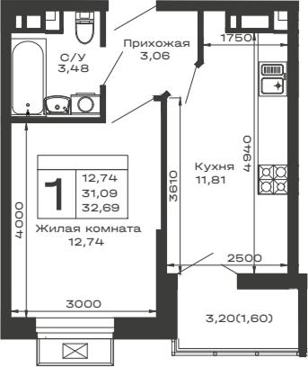 Планировка — Долина, 1-комн., 31 м²