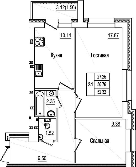 Планировка — DOLCE VITA, 2-комн., 51 м²