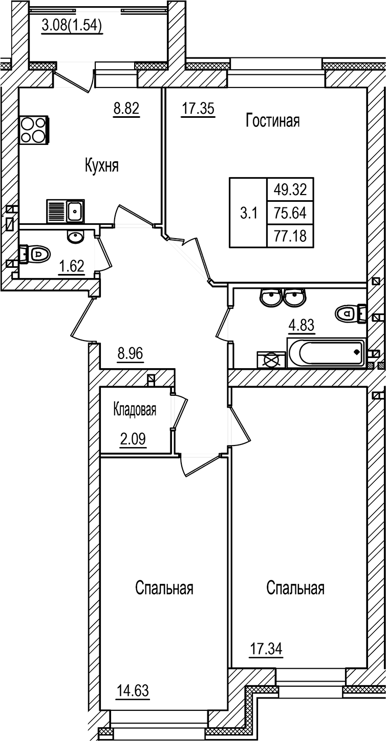 Планировка — DOLCE VITA, 3-комн., 76 м²