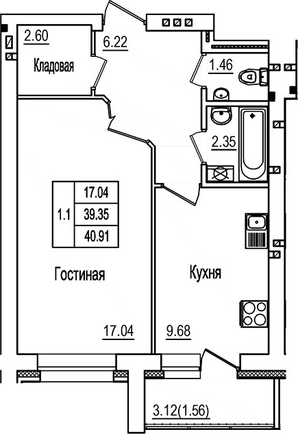 Планировка — DOLCE VITA, 1-комн., 39 м²