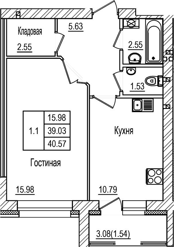 Планировка — DOLCE VITA, 1-комн., 39 м²