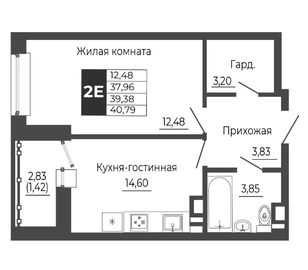 Планировка — Иловайский, 2-комн., 38 м²