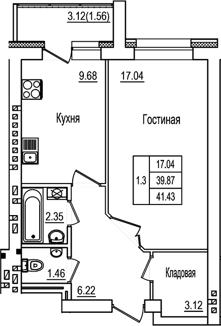 Планировка — DOLCE VITA, 1-комн., 40 м²