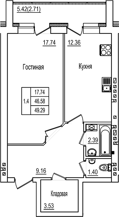 Планировка — DOLCE VITA, 1-комн., 47 м²