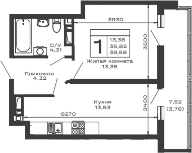 Планировка — Долина, 1-комн., 36 м²
