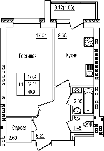 Планировка — DOLCE VITA, 1-комн., 39 м²