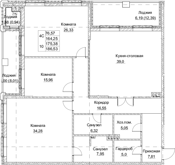 Планировка — Клубный дом Парамонов, 4-комн., 164 м²