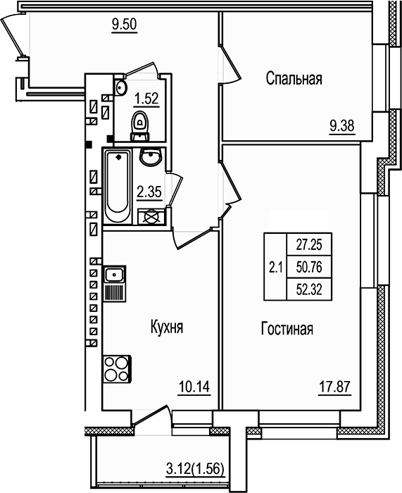 Планировка — DOLCE VITA, 2-комн., 51 м²
