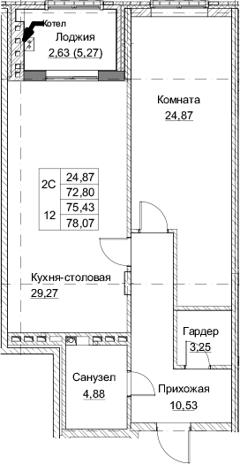 Планировка — Клубный дом Парамонов, 2-комн., 73 м²