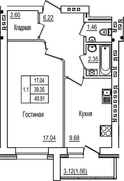 Планировка — DOLCE VITA, 1-комн., 39 м²