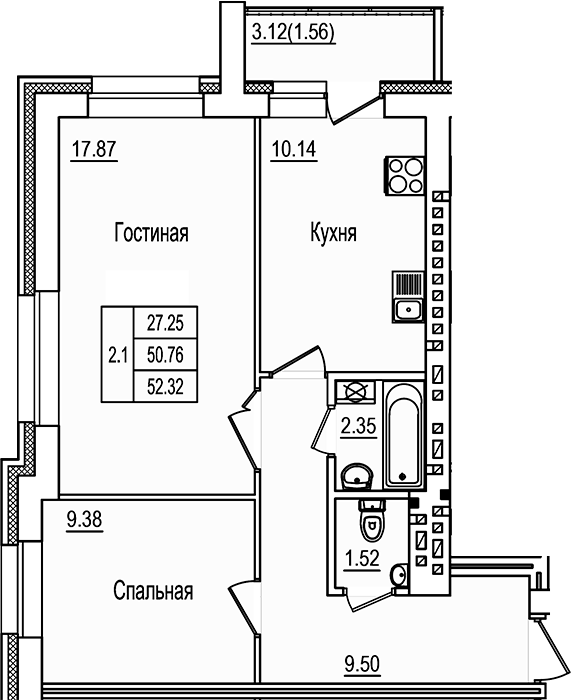Планировка — DOLCE VITA, 2-комн., 51 м²