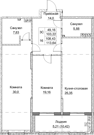 Планировка — Клубный дом Парамонов, 3-комн., 103 м²