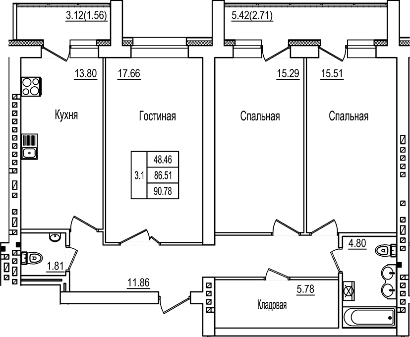 Планировка — DOLCE VITA, 3-комн., 87 м²