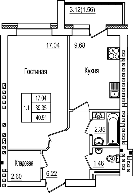 Планировка — DOLCE VITA, 1-комн., 39 м²