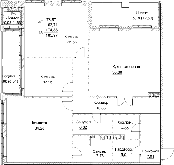 Планировка — Клубный дом Парамонов, 4-комн., 164 м²